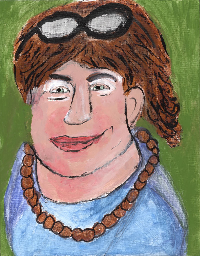 A bold painting of the head and shoulders of a smiling white woman with short brown hair, a pair of glasses on her head, a bright blue top, and a string of beads.