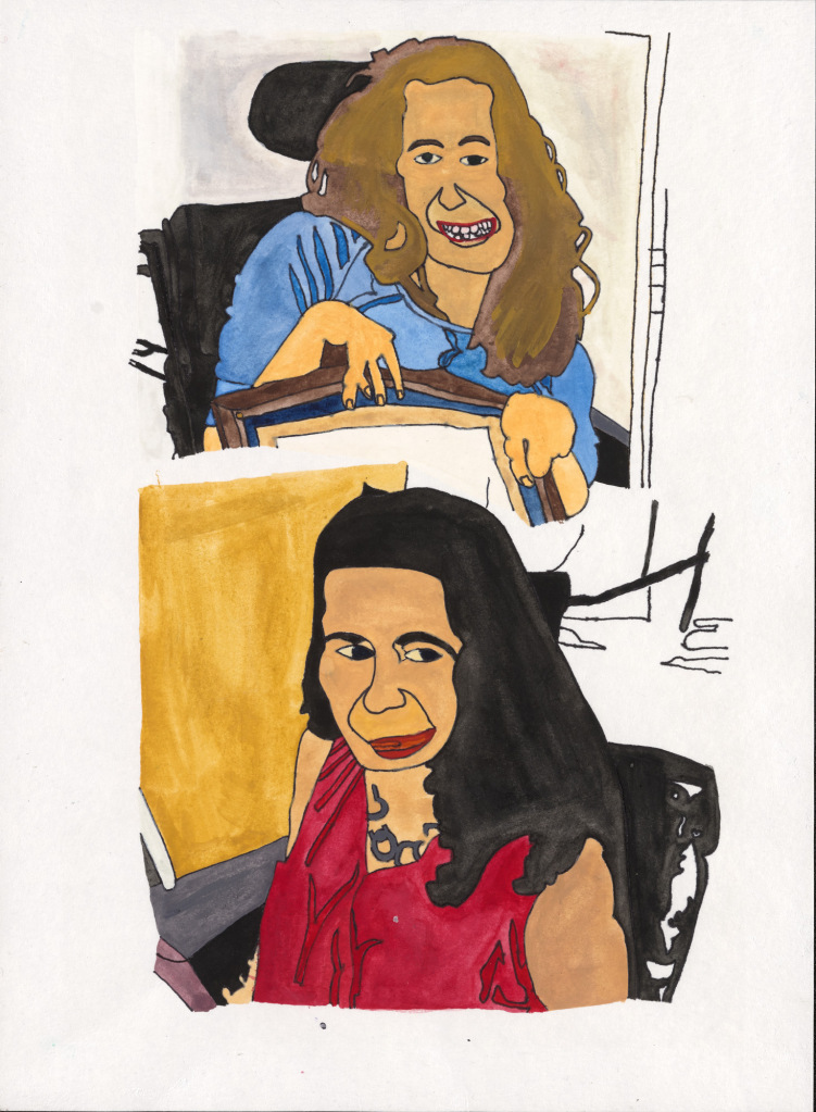 Two stacked portraits of the same smiling white woman fit together and use bold flat shapes and strong colors. She uses a power wheelchair with headrest.