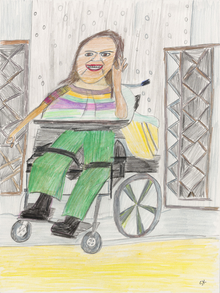 Created with energetic marks from muted color pencils, a woman with long dark hair, wearing grass green pants smiles from her power wheelchair, and raises her left hand.