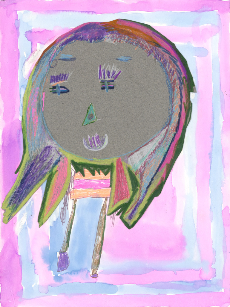 A woman with bright clothing and long hair contrasts with an abstract background of rectangles. Subtle highlights in glitter catch the light.