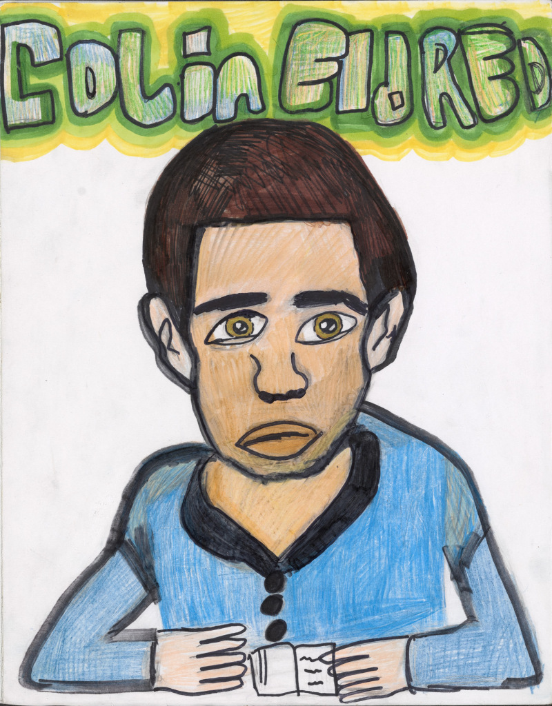 A seated man with short dark hair is drawn with bold outlines. He holds a book and behind him chunky words saying Colin Eldred shimmer in yellow and green.