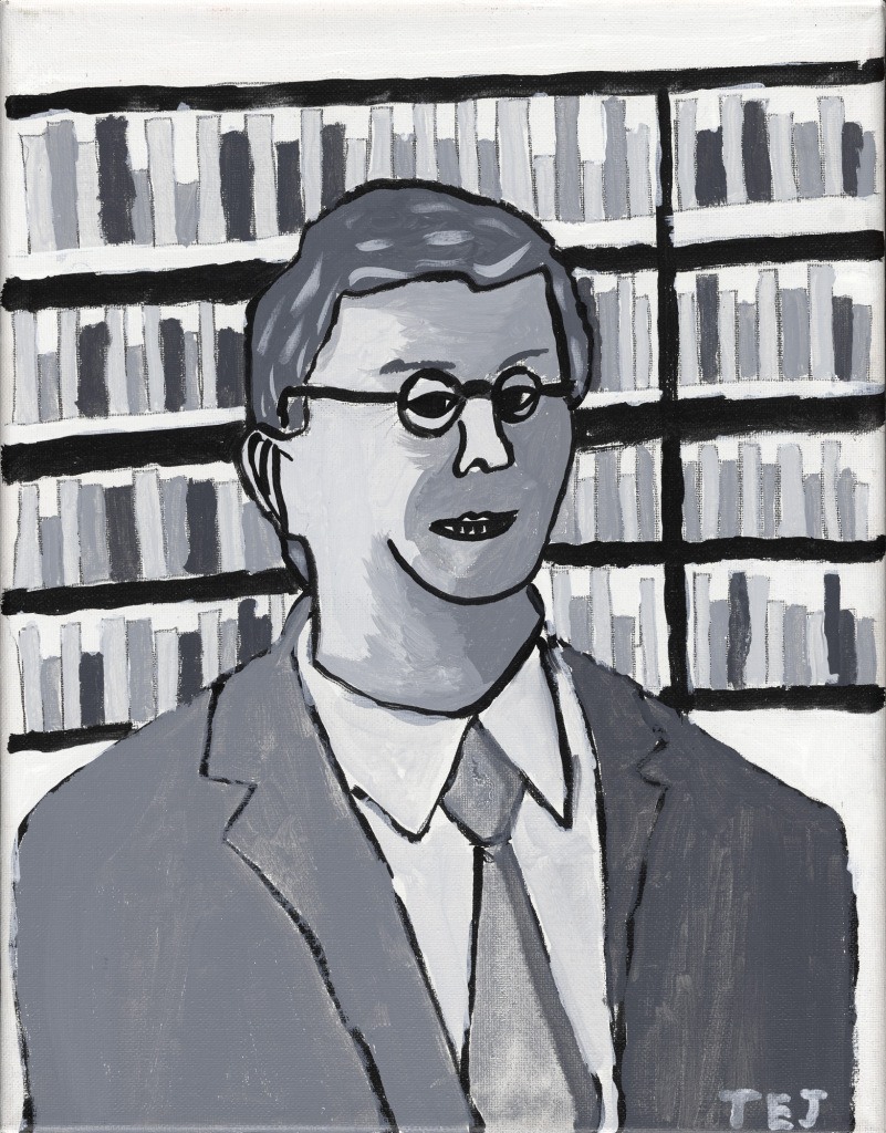 A monochrome painting in black and white and shades of grey, of the head and shoulders of a white man with short hair, and round glasses, wearing a suit. He stands in front of abundant bookshelves.