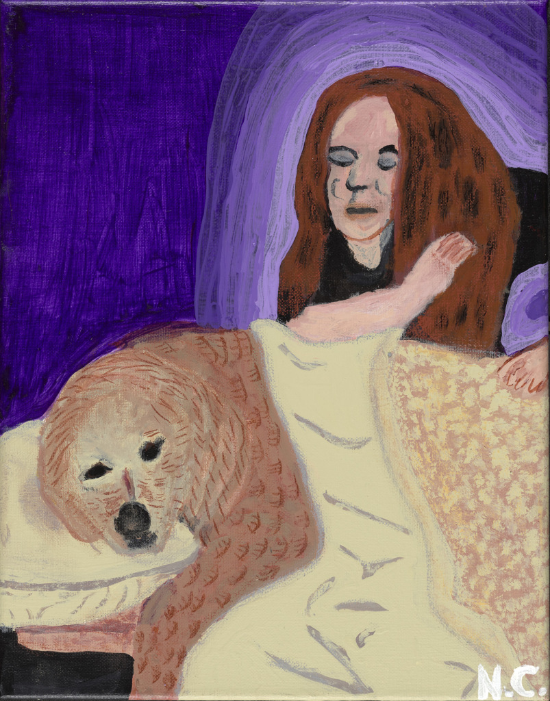 A woman with long brown hair uses her elbow to massage a Labrador dog lying on a table. The portrait has fine detail to suggest texture and depth.
