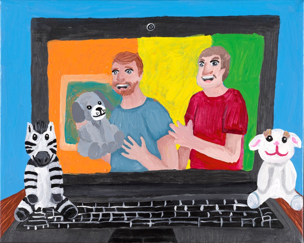 A double portrait of two white men on a laptop screen created with shiny acrylic paint. One man holds a hand puppet. A toy zebra sits on the left of the keyboard and on the right is a toy rabbit.