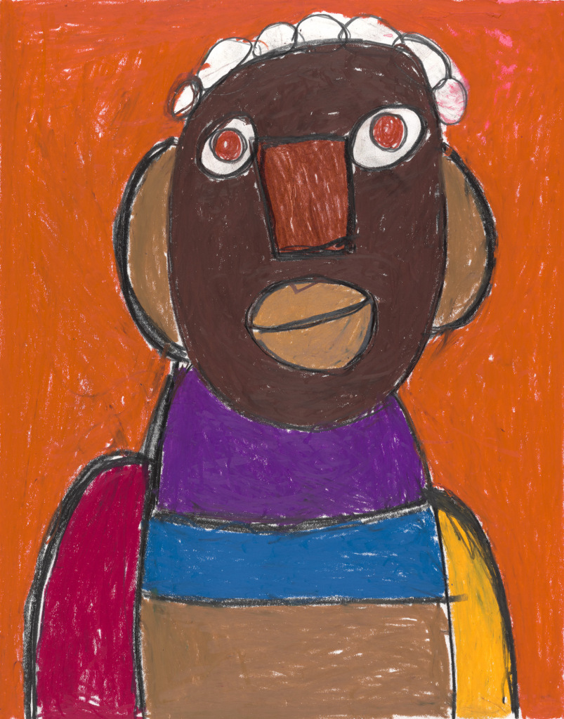An African American man with white hair and large eyes wears bright clothes against an orange background. The pastel is applied with great energy and confidence.
