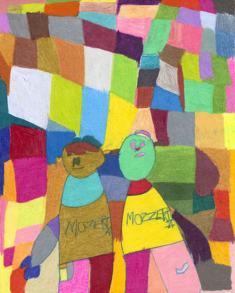 Two people drawn with bold colors and simple shapes have the word Mozzeria written across their aprons. The background of irregular squares of vibrant colors resembles a patchwork quilt.