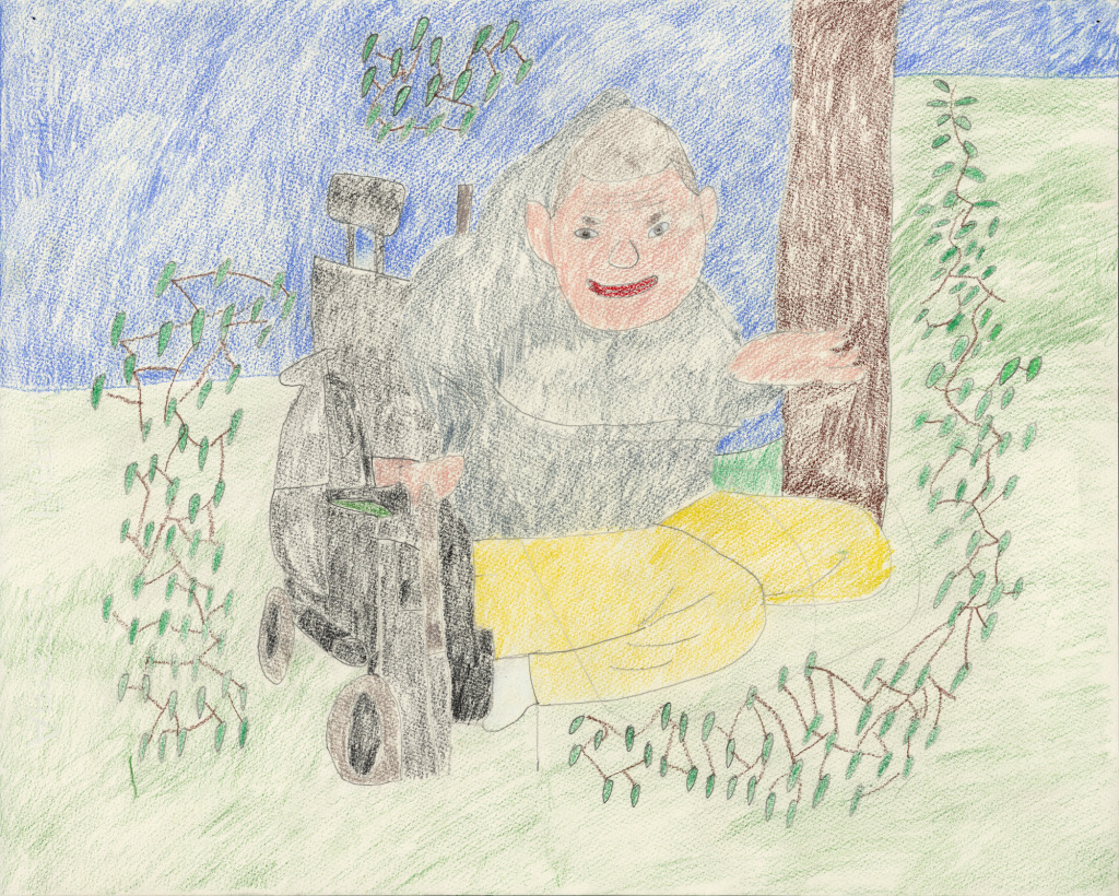 A drawing with colored pencils on paper. Against a pale blue background a man in yellow pants riding a power wheelchair is surrounded on either side by a network of plants. 

