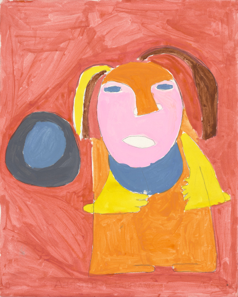 A woman with a pale face and bold yellow arms sits at an orange table, on a completely orange background. A black circle with a blue center hovers beside her.