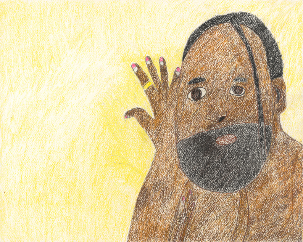 A gentle colored pencil drawing of the head and shoulders of an African American man, with a full beard and a single dreadlock over his face. He signs with his right hand close to his face.