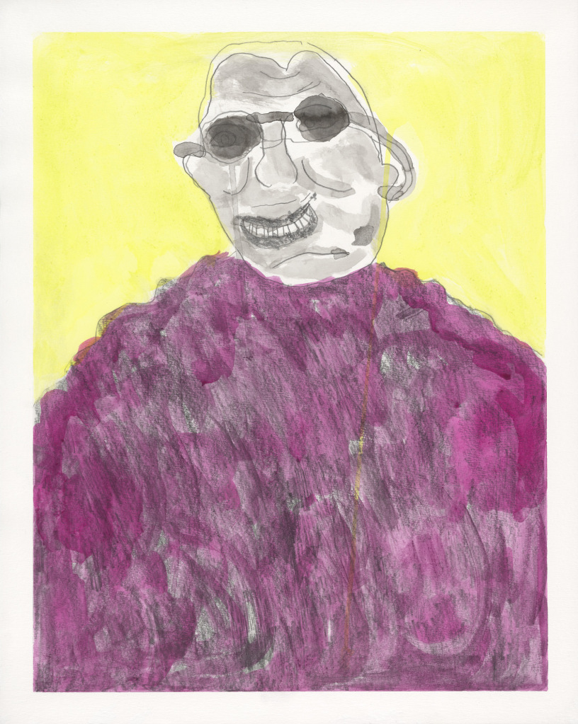 A confident drawing of the head and shoulders of an African American man wearing dark glasses. A vibrant lemon background contrasts with his face and the flood of deep purple of his sweater.