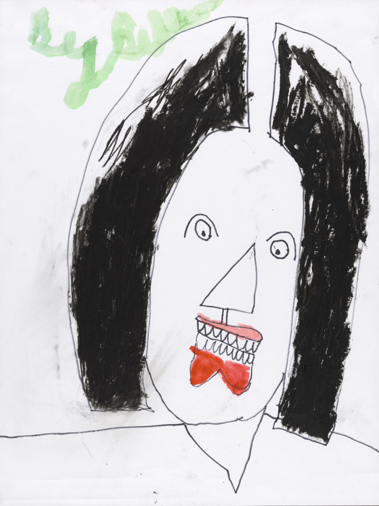 The head and shoulders of a woman with shoulder-length black hair and red lips in outline pen on bright, white paper. Billy White’s signature is drawn with a large brush in the top left.