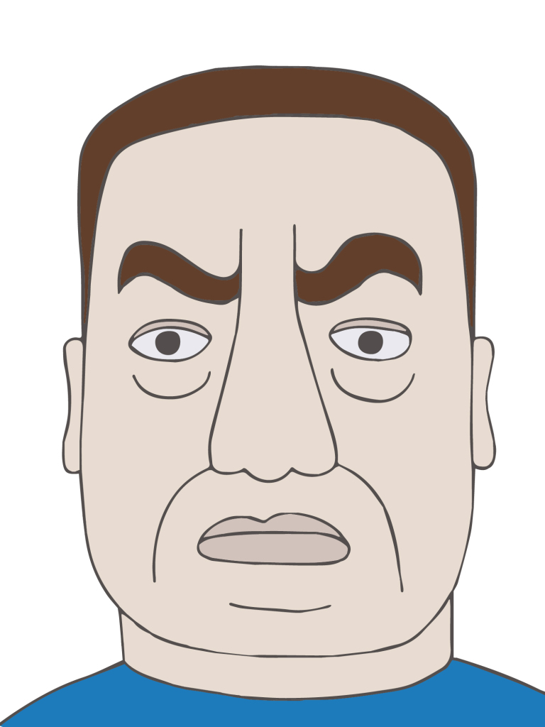A white man with brown hair and big eyebrows wearing a blue t-shirt looks at us. Simple lines define bold facial features and a strong jaw.